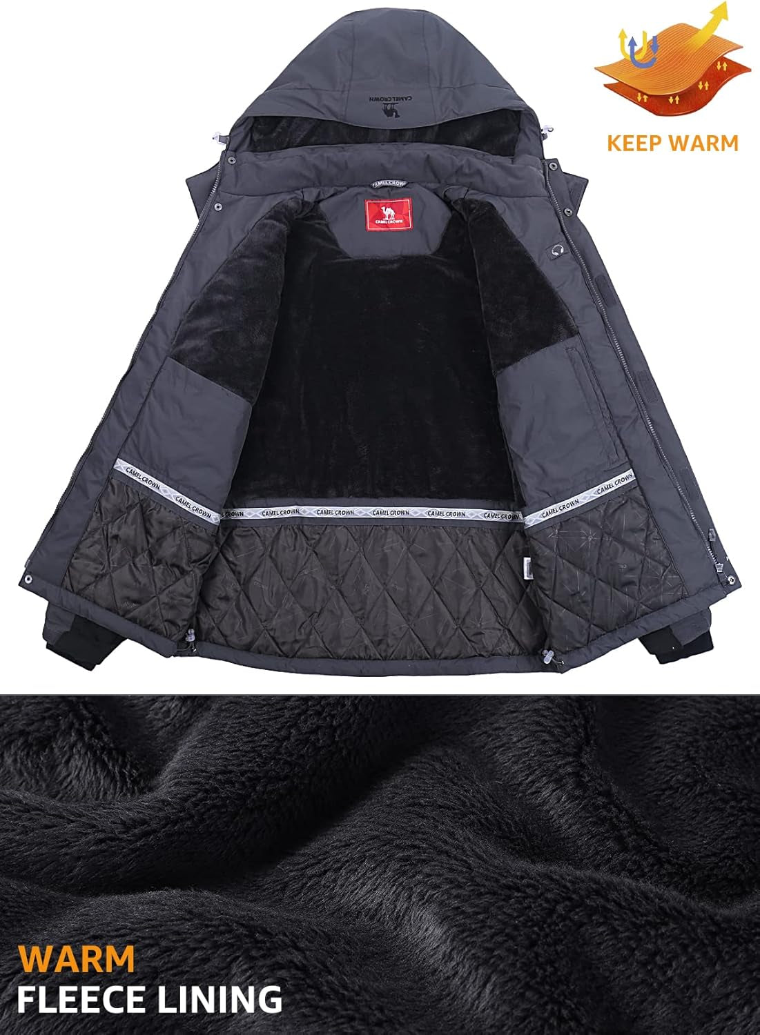 Men'S Winter Ski Jackets Warmth Coat Waterproof Detachable Hood Windproof Fleece Lined for Mountain Snow